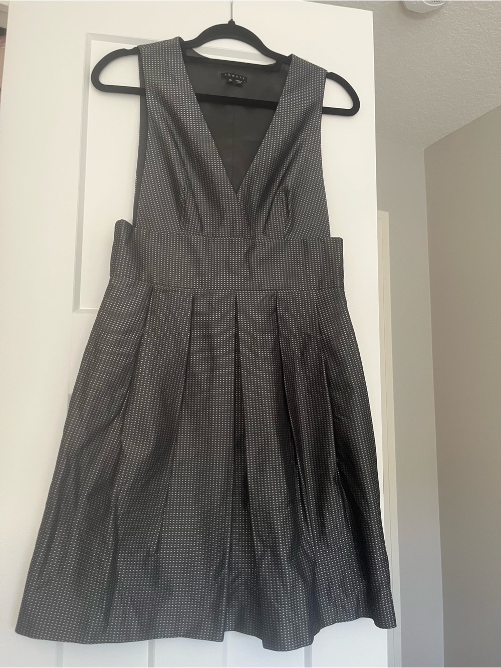 Theory Black V-Neck Pleated Fit & Flare Dress